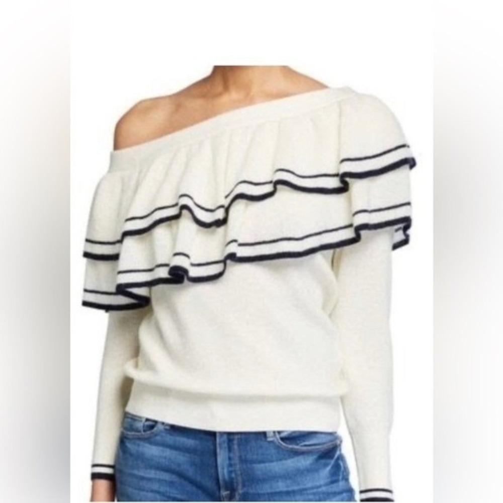 Frame | Ruffle One Shoulder Wool Blend Sweater Cream Navy Sz M